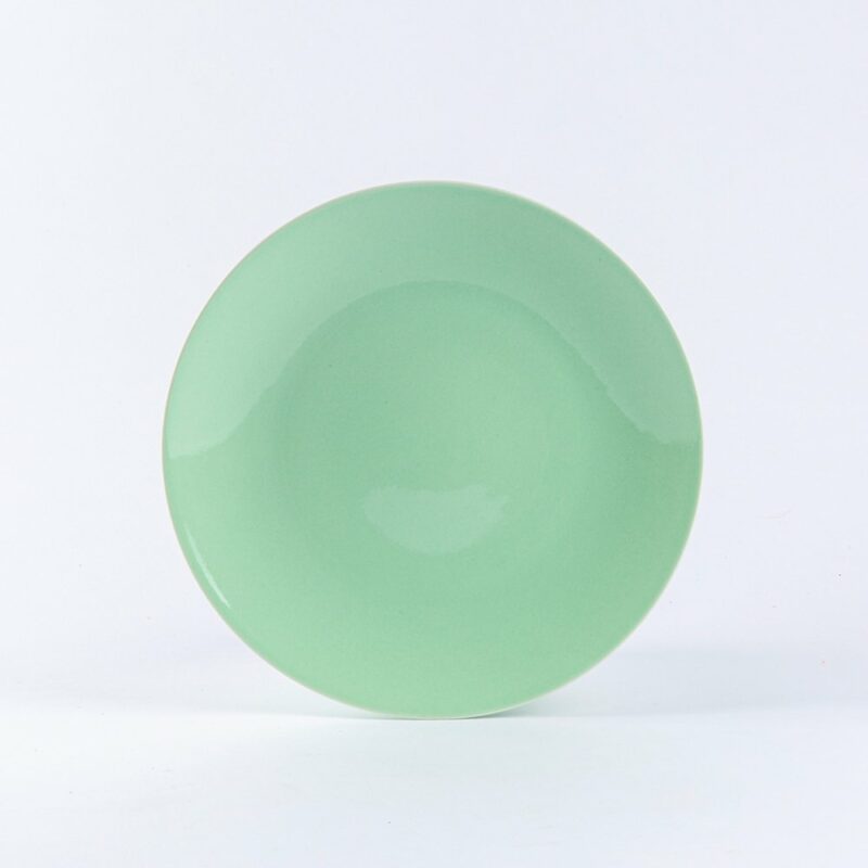 Assiette ronde en porcelaine verte française. 25cm