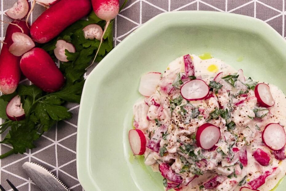 Tzaziki de Radis dans notre assiette creuse en porcelaine verte française et éco-responsable recettes végétales