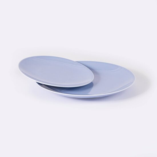 duo assiettes plate et à dessert ronde en porcelaine bleu pastel décalé